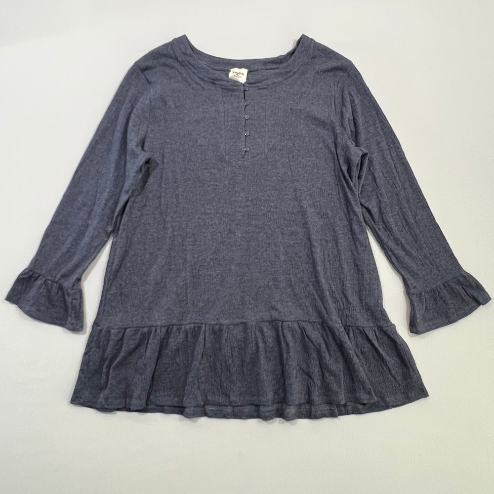 Hayden Los Angeles Henley Tunic Top Ruffle Babydoll‎ Blue Charcoal Womens 1XL